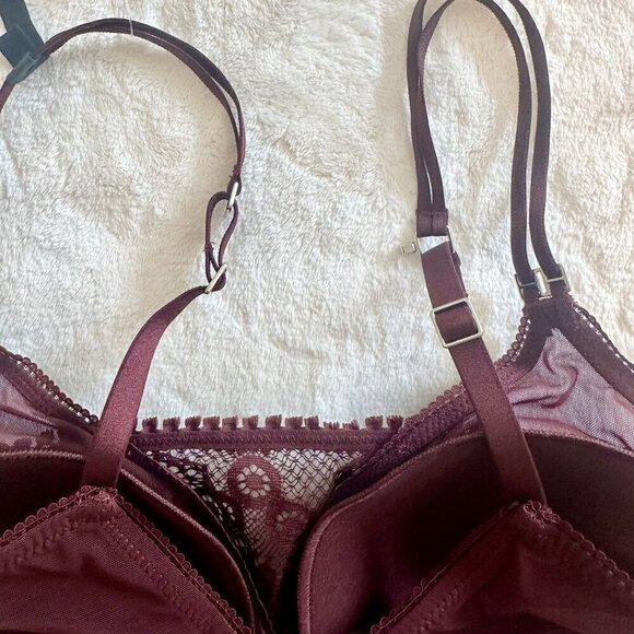 NWT Aerie Maroon Real Power Wireless Push Up Joy Convertible Lace Bra - 34C - Picture 7 of 10